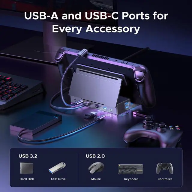 Alt view image 4 of 5 - UGREEN Steam Deck Dock 9-in-1 USB C Docking Station with Foldable Stand, 4K@120Hz DP, Gigabit Ethernet, PD 100W, 10Gbps USB A&C 3.2, TF/SD Compatible with Steam Deck, Rog Ally, Rog X, Legion Go etc.