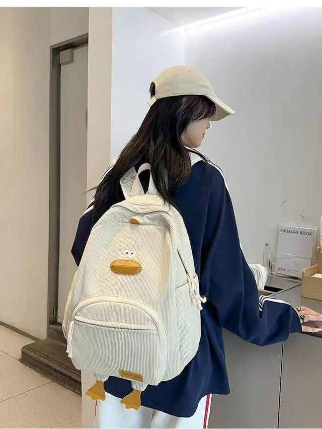 Alt view image 2 of 5 - MININAI Novelty Duck Backpack Funny Animal Cartoon Corduroy Backpack Kawaii Aesthetic Laptop Backpack Preppy Stuff (Yellow)