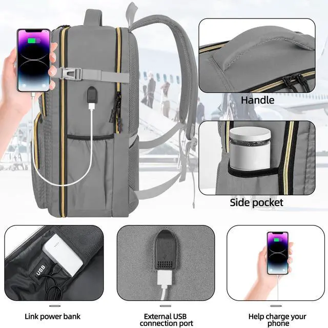 Alt view image 2 of 5 - FREEAMG Travel Backpack with USB Charger,15.6 Inch Laptop Backpack for Women and Men,Large Capacity Computer backpack, Carry on Backpack for Business, Travel, Work, College,Grey