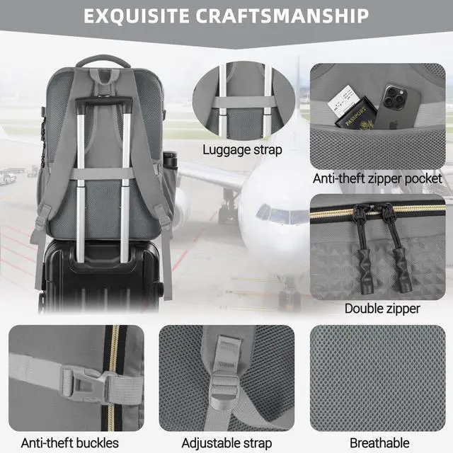 Alt view image 5 of 5 - FREEAMG Travel Backpack with USB Charger,15.6 Inch Laptop Backpack for Women and Men,Large Capacity Computer backpack, Carry on Backpack for Business, Travel, Work, College,Grey