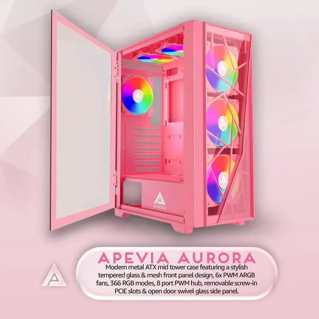 Alt view image 2 of 5 - Apevia Aurora-PK Aurora Mid Tower Gaming PC Case w/ 6X 120mm PWM ARGB Fans, 366 RGB Light Modes, 1x Glass & Mesh Front Panel, 1x Door Swivel Style Magnetic Glass Side Panel, 2X USB3.0, Pink