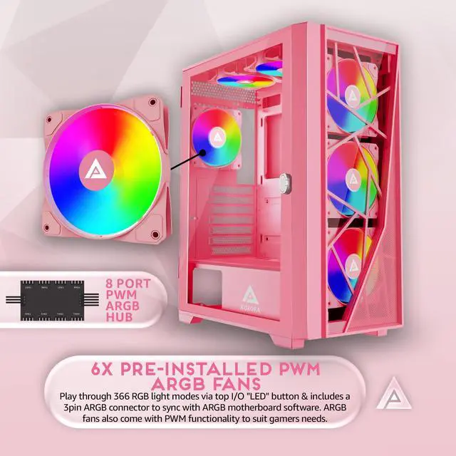 Alt view image 3 of 5 - Apevia Aurora-PK Aurora Mid Tower Gaming PC Case w/ 6X 120mm PWM ARGB Fans, 366 RGB Light Modes, 1x Glass & Mesh Front Panel, 1x Door Swivel Style Magnetic Glass Side Panel, 2X USB3.0, Pink