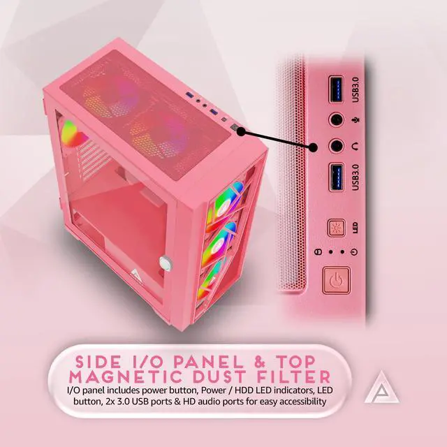 Alt view image 5 of 5 - Apevia Aurora-PK Aurora Mid Tower Gaming PC Case w/ 6X 120mm PWM ARGB Fans, 366 RGB Light Modes, 1x Glass & Mesh Front Panel, 1x Door Swivel Style Magnetic Glass Side Panel, 2X USB3.0, Pink