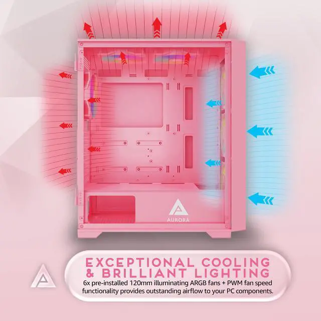 Alt view image 4 of 5 - Apevia Aurora-PK Aurora Mid Tower Gaming PC Case w/ 6X 120mm PWM ARGB Fans, 366 RGB Light Modes, 1x Glass & Mesh Front Panel, 1x Door Swivel Style Magnetic Glass Side Panel, 2X USB3.0, Pink