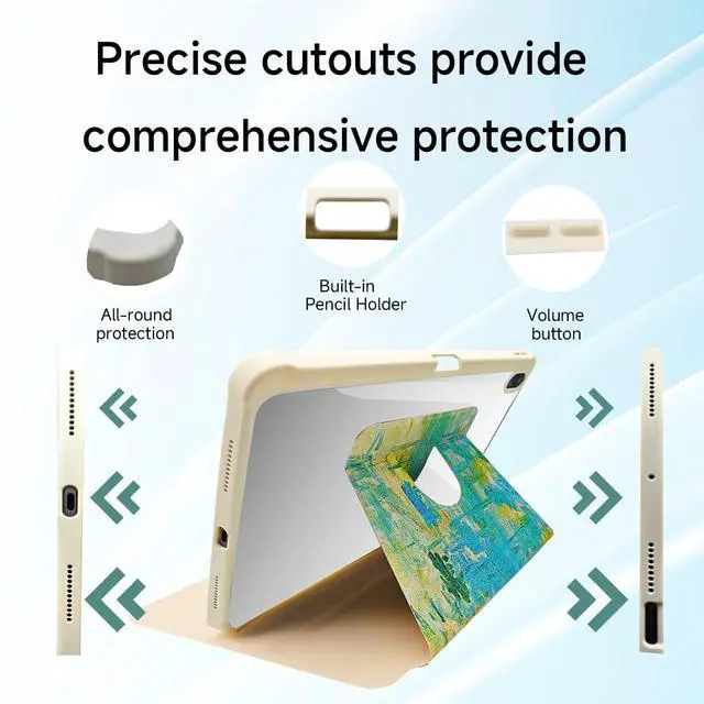 Alt view image 3 of 5 - Fulbrio Arts Rotating Case 10.9 Compatible with iPad Air 4th/5th Generation Case,2020/2021 Folio Case,Pencil Holder 360 Degree Rotating,White Cyan-Blue Case(Impression, Sunrise by Claude Monet)