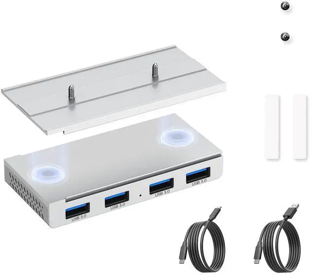Main image of EJAY 4-Port Magnetic USB 3.0 Hub, 5Gbps High-Speed Data Transfer, Includes Sliding Rail, Screws & Sticky Pads for MacBook Laptop PC, Silver