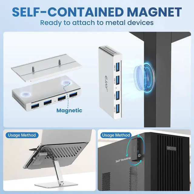 Alt view image 2 of 5 - EJAY 4-Port Magnetic USB 3.0 Hub, 5Gbps High-Speed Data Transfer, Includes Sliding Rail, Screws & Sticky Pads for MacBook Laptop PC, Silver