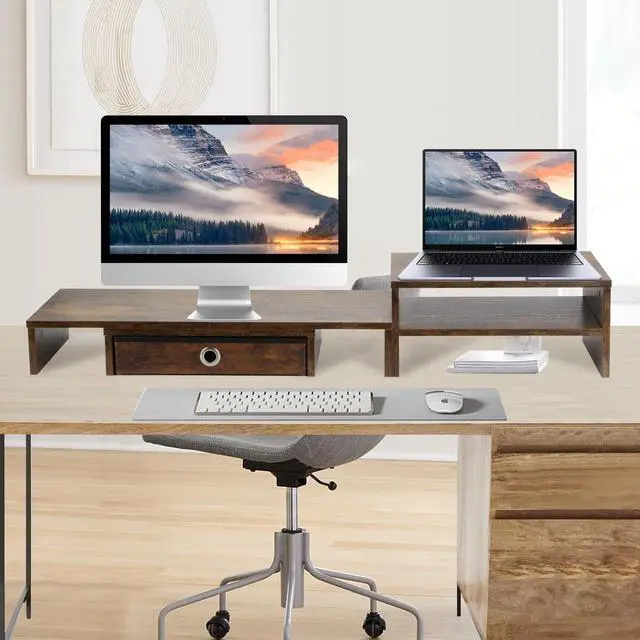 Alt view image 4 of 5 - Caredear Monitor Riser for 3 Monitors, Dual Monitor Stand for Desk, Triple Monitor Stand with Drawer, Dual Monitor Stand with Storage, Extra Long Triple Monitor Riser up to 52", Angle Adjustable