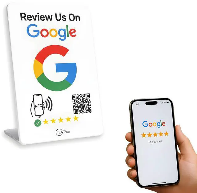 Main image of TAPro Tap Google Review Stand  NFC & QR Code Feedback Tool for Businesses, Instant Customer Reviews, Contactless Smart Review Card for Google, Yelp, Facebook (White)