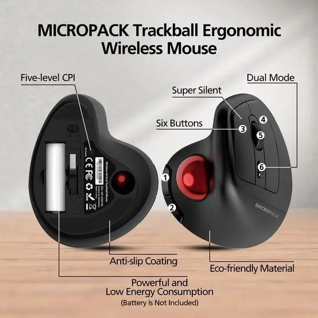 Alt view image 2 of 5 - MicroPack Ergonomic Wireless Mouse with Trackball and 5 Adjustable DPI, Easy Thumb Control, Precise & Smooth Tracking. Update Bluetooth Medium-Sized Right Hand Mouse for Laptop, PC, Mac, Windows