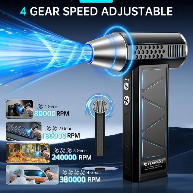 Alt view image 2 of 5 - YUHUO Compressed Air Duster, 380000RPM Electric Air Duster with LED Light, 4-Gear Adjustable Mini Handheld Air Blower Jet Turbo Fan Jet Dry Blower Rechargeable Air Blower Duster for Keyboard Car Home