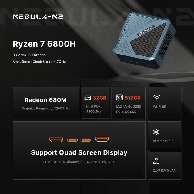 Alt view image 2 of 5 - origimagic N2 Pro 8K USB4 Mini PC Ryzen 7 6800H, Radeon 680M Graphics, 32GB DDR5 RAM 512GB NVMe SSD Mini Computers, 2.5G LAN, Wi-Fi 6E/BT 5.2(AX210), HDMI/USB-C/4K Quad Display, Office/Home/Business