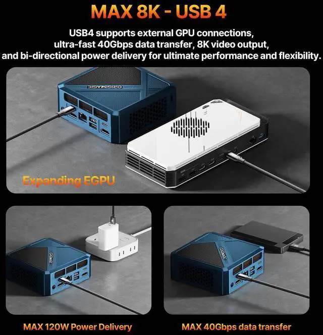 Alt view image 4 of 5 - origimagic N2 Pro 8K USB4 Mini PC Ryzen 7 6800H, Radeon 680M Graphics, 32GB DDR5 RAM 512GB NVMe SSD Mini Computers, 2.5G LAN, Wi-Fi 6E/BT 5.2(AX210), HDMI/USB-C/4K Quad Display, Office/Home/Business