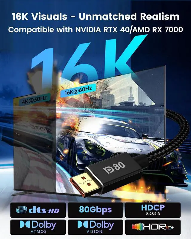 Alt view image 4 of 5 - 80Gbps DisplayPort Cable 2.1 3M/10FT, DP80 [16K@60Hz, 8K@240Hz, 4K@540Hz] DP Cord UHBR20, HDR, HDCP2.3, DSC 1.2a, FreeSync G-Sync for Gaming Monitor 5090 7900XTX Graphics Card