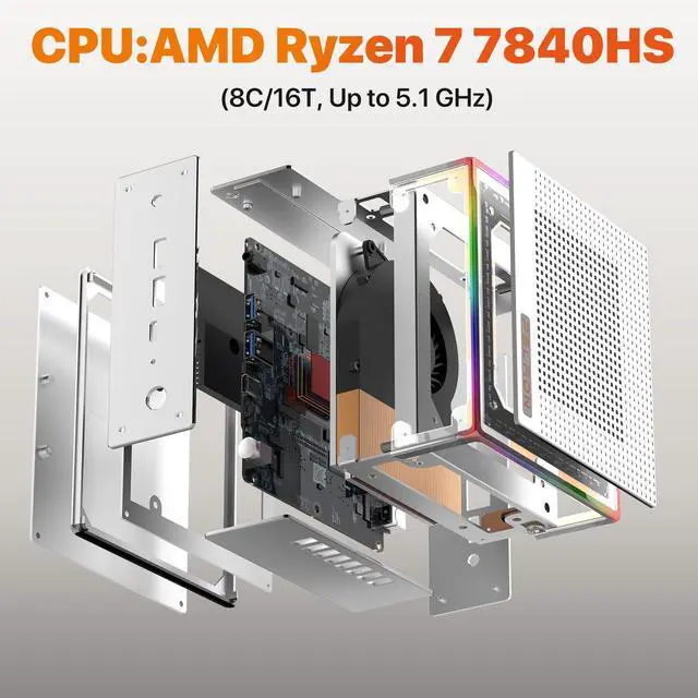 Alt view image 3 of 5 - PELADN Mini PC, Ryzen 7 7840HS (8C/16T, Up to 5.1GHz),Radeon 780M 16GB DDR5/512GB SSD,Dual HDMI/Type-C,Triple-Display,WiFi6, Business Small Desktop PC RGB Light