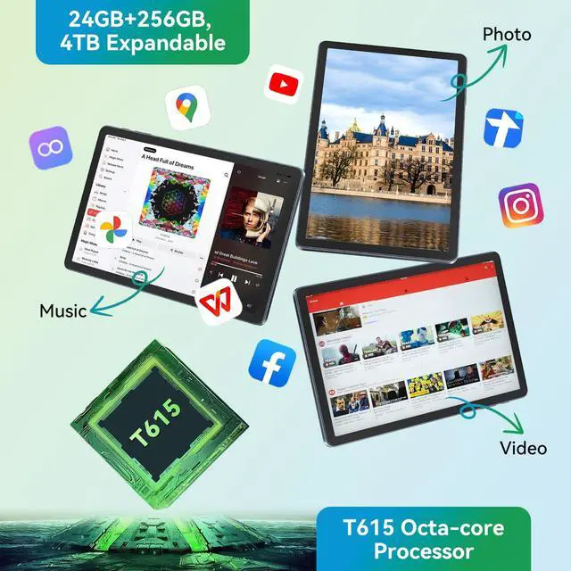 Alt view image 4 of 5 - Android 15 Tablet with 11 Inch FHD Display, 24GB RAM 256GB ROM /2TB TF, T615 Octa-Core AI Tablets, 8000mAh/18W Fast Charge, 5G WiFi & 13MP Camera, TÜV Certified Netflix HD for Streaming/Gaming