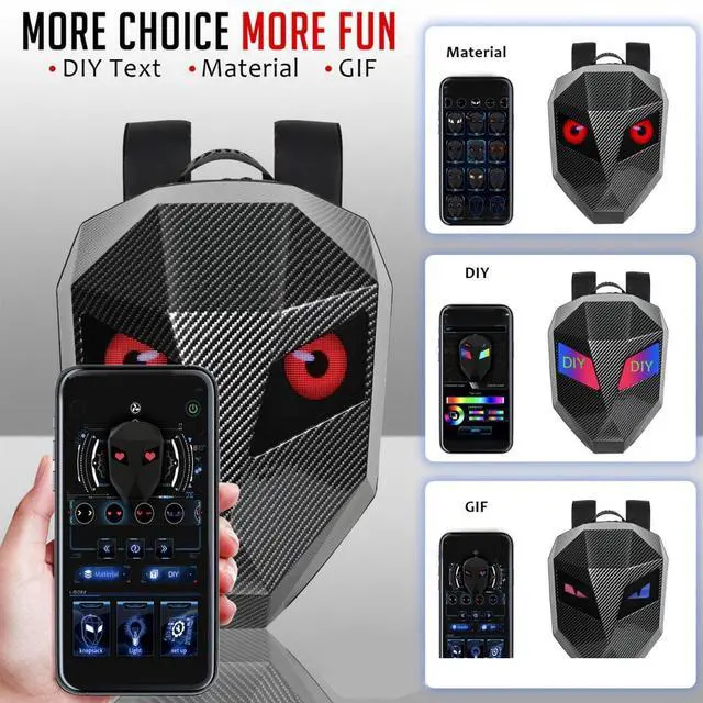 Alt view image 2 of 5 - Oreilet Motorcycle LED Backpack, LED Knight Backpack with Programmable Screen, Hard Shell Laptop Riding Backpack DIY Helmet Bag for Travel Camping Cycling Carbon Fiber