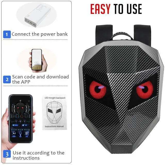 Alt view image 4 of 5 - Oreilet Motorcycle LED Backpack, LED Knight Backpack with Programmable Screen, Hard Shell Laptop Riding Backpack DIY Helmet Bag for Travel Camping Cycling Carbon Fiber