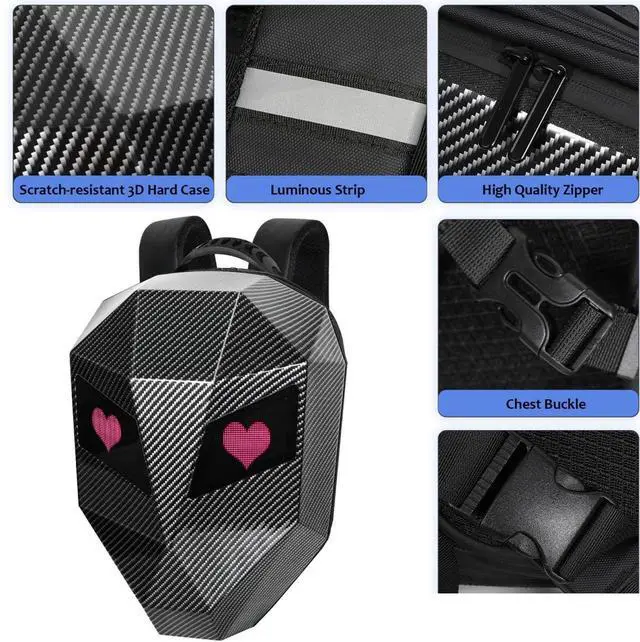 Alt view image 5 of 5 - Oreilet Motorcycle LED Backpack, LED Knight Backpack with Programmable Screen, Hard Shell Laptop Riding Backpack DIY Helmet Bag for Travel Camping Cycling Carbon Fiber