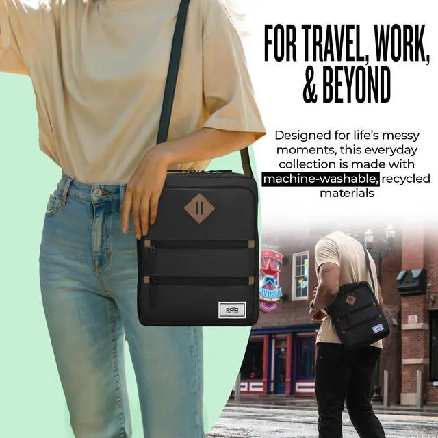 Alt view image 4 of 5 - Solo New York Tablet Sling Bag for Women & Men - Crossbody Bag for Travel, Walking, & Hiking, Adjustable Shoulder Strap, Front Zippered Pockets, Fits 13" Tablets & 14" Laptops - Hydro, Black