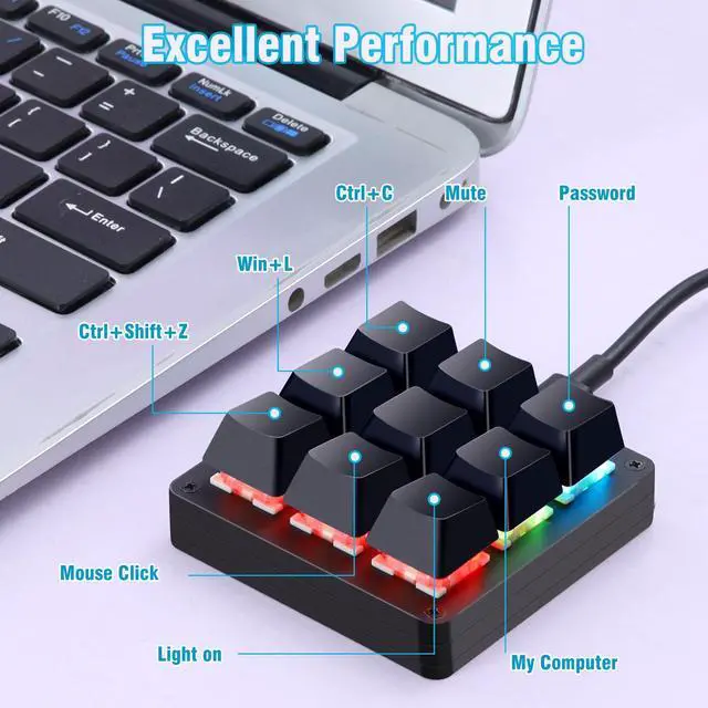 Alt view image 3 of 5 - Koolertron One Handed Macro Mechanical Keyboard,Blue LED Backlit Portable Mini One-Handed Mechanical Gaming Keypad OSU! Keyboard 9 Fully Programmable Keys (9 Keys/Black/Pink LED)
