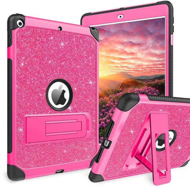 Main image of YINLAI Case for iPad 6th / 5th Generation, iPad 9.7 Case Glitter Women Hybrid Shockproof Protective Cover with Kickstand iPad 9.7-Inch iPad Air 2nd A1893/A1954/A1822/A1823, Hot Pink