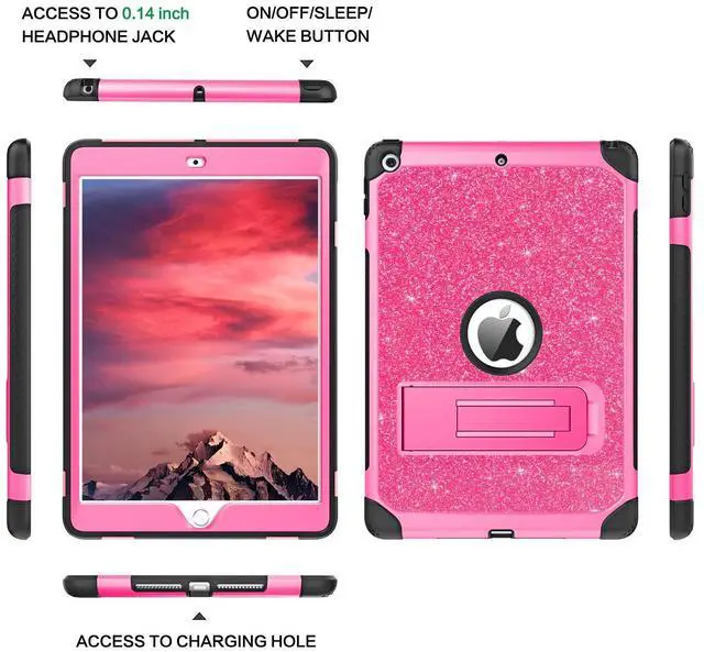 Alt view image 3 of 5 - YINLAI Case for iPad 6th / 5th Generation, iPad 9.7 Case Glitter Women Hybrid Shockproof Protective Cover with Kickstand iPad 9.7-Inch iPad Air 2nd A1893/A1954/A1822/A1823, Hot Pink