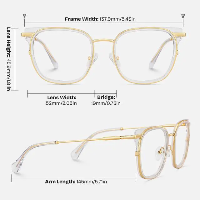 Alt view image 5 of 5 - Zeelool Glasses Frame for Women, Square Crystal Gold Eyeglasses Eyewear Frame with Clear Lens and Metal Hinges Cameron ZJGX922152-01