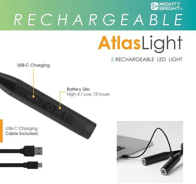 Alt view image 4 of 5 - Mighty Bright Atlas Rechargeable Neck Light, 12 LED, 3 Color Temperatures, USB-C Charging Cable Included (Black)
