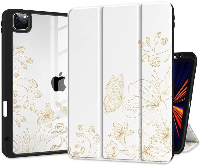 Main image of Yebiseven Case for iPad Air 5th/Air 4th Generation 2022 2020, Clear Acrylic Back Shell for iPad Air 10.9 inch, Shockproof Tablet Case with Auto Sleep/Wake + Pencil Holder, Golden Butterfly