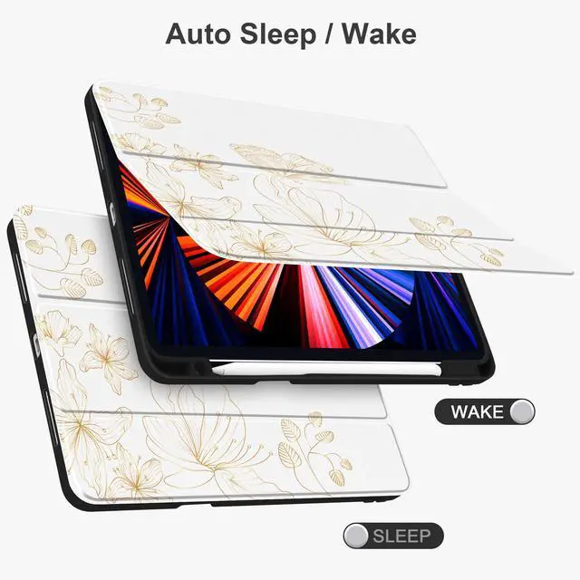 Alt view image 3 of 5 - Yebiseven Case for iPad Air 5th/Air 4th Generation 2022 2020, Clear Acrylic Back Shell for iPad Air 10.9 inch, Shockproof Tablet Case with Auto Sleep/Wake + Pencil Holder, Golden Butterfly