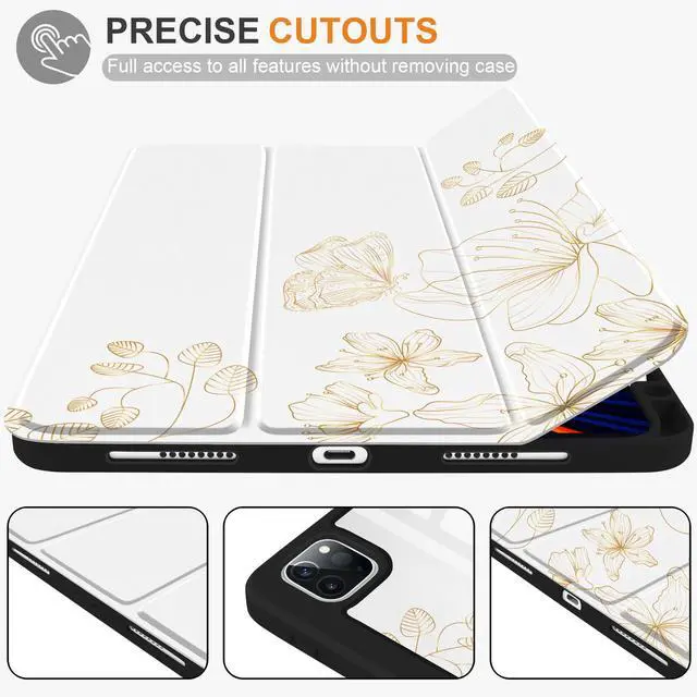 Alt view image 5 of 5 - Yebiseven Case for iPad Air 5th/Air 4th Generation 2022 2020, Clear Acrylic Back Shell for iPad Air 10.9 inch, Shockproof Tablet Case with Auto Sleep/Wake + Pencil Holder, Golden Butterfly