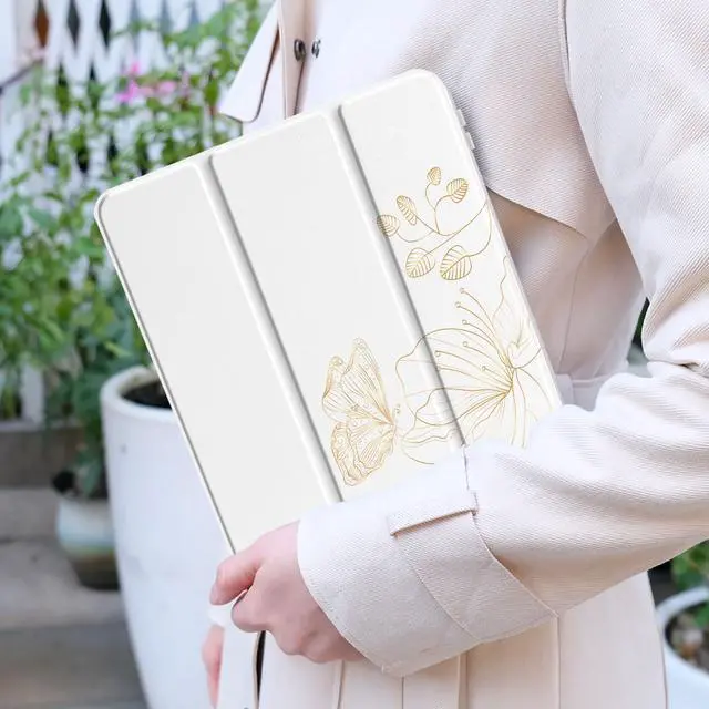 Alt view image 2 of 5 - Yebiseven Case for iPad Air 5th/Air 4th Generation 2022 2020, Clear Acrylic Back Shell for iPad Air 10.9 inch, Shockproof Tablet Case with Auto Sleep/Wake + Pencil Holder, Golden Butterfly