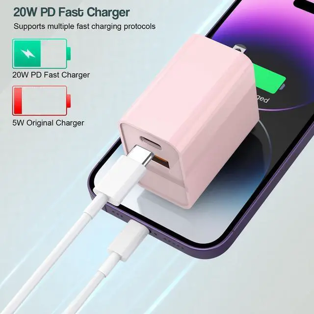 Alt view image 2 of 5 - 10FT iPhone 17/16e Fast Charger,2Pack 20W Dual Port USB A+C QC Apple Adapter with 10 Foot USB C to C Fast Charging Cable Cord for iPhone 17Air/17Pro/17Pro Max/16/16Pro/15/15Pro/Pro Max/Plus(Blue/Pink)