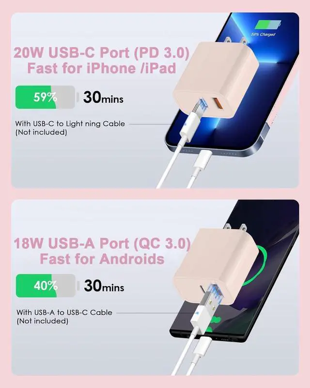 Alt view image 3 of 5 - 10FT iPhone 17/16e Fast Charger,2Pack 20W Dual Port USB A+C QC Apple Adapter with 10 Foot USB C to C Fast Charging Cable Cord for iPhone 17Air/17Pro/17Pro Max/16/16Pro/15/15Pro/Pro Max/Plus(Blue/Pink)