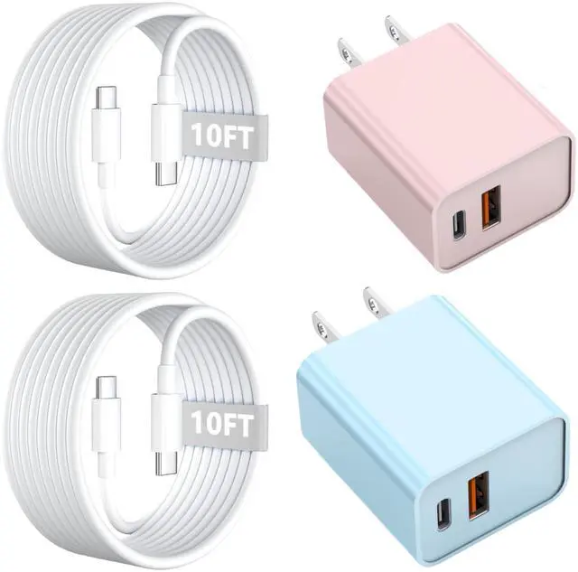 Main image of 10FT iPhone 17/16e Fast Charger,2Pack 20W Dual Port USB A+C QC Apple Adapter with 10 Foot USB C to C Fast Charging Cable Cord for iPhone 17Air/17Pro/17Pro Max/16/16Pro/15/15Pro/Pro Max/Plus(Blue/Pink)