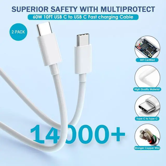 Alt view image 5 of 5 - 10FT iPhone 17/16e Fast Charger,2Pack 20W Dual Port USB A+C QC Apple Adapter with 10 Foot USB C to C Fast Charging Cable Cord for iPhone 17Air/17Pro/17Pro Max/16/16Pro/15/15Pro/Pro Max/Plus(Blue/Pink)