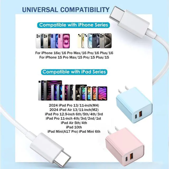 Alt view image 4 of 5 - 10FT iPhone 17/16e Fast Charger,2Pack 20W Dual Port USB A+C QC Apple Adapter with 10 Foot USB C to C Fast Charging Cable Cord for iPhone 17Air/17Pro/17Pro Max/16/16Pro/15/15Pro/Pro Max/Plus(Blue/Pink)