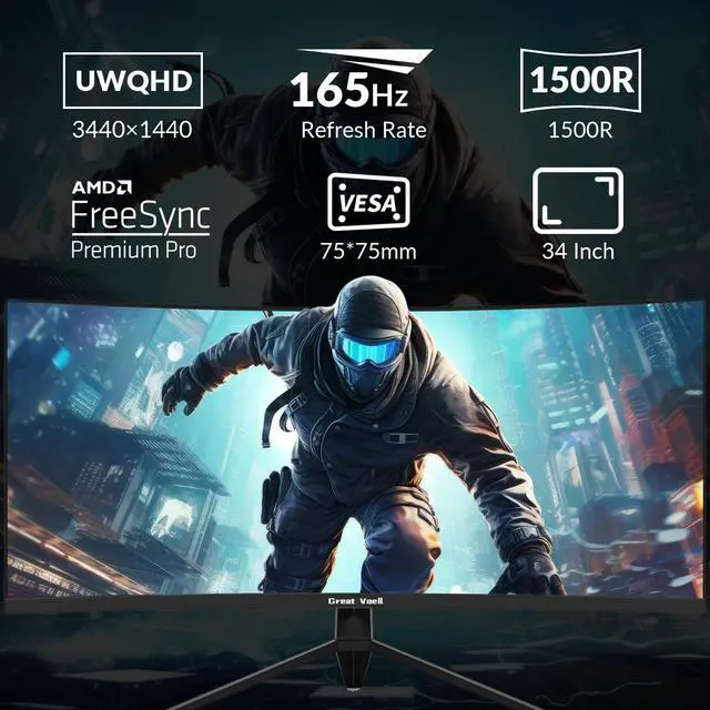 Alt view image 2 of 5 - Great voell 34 Inch Curved Gaming Monitor, UWQHD 3440x1440, 165Hz 1ms, Ultrawide 1500R, FreeSync, HDR, 99% sRGB, HDMI 2.0/DP 1.4, Eye Care, VESA Mountable, Tilt Adjustable
