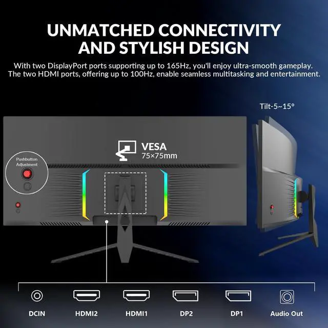 Alt view image 5 of 5 - Great voell 34 Inch Curved Gaming Monitor, UWQHD 3440x1440, 165Hz 1ms, Ultrawide 1500R, FreeSync, HDR, 99% sRGB, HDMI 2.0/DP 1.4, Eye Care, VESA Mountable, Tilt Adjustable