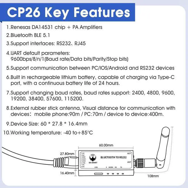 Alt view image 3 of 5 - PDDAXLQUE RS232 to Bluetooth Serial Adapter CP26 - Industrial Wired to Wireless Converter for PC (CP26 for PC)