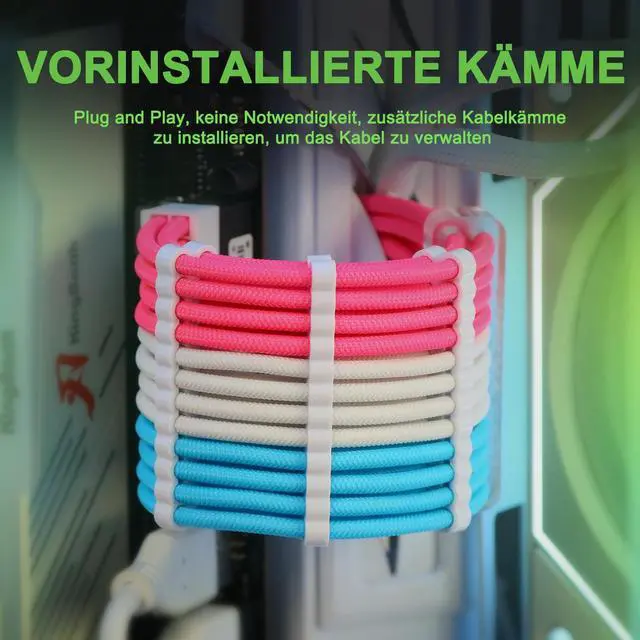 Alt view image 4 of 5 - Sirlyr PSU Cable Extension Kit - 24Pin ATX / 8Pin EPS / 8Pin PCIE Power Supply Cables, 16AWG with Pre-Bent Design & Wire Organizers, Pink/Blue/White (Longer GPU 34cm/13in)