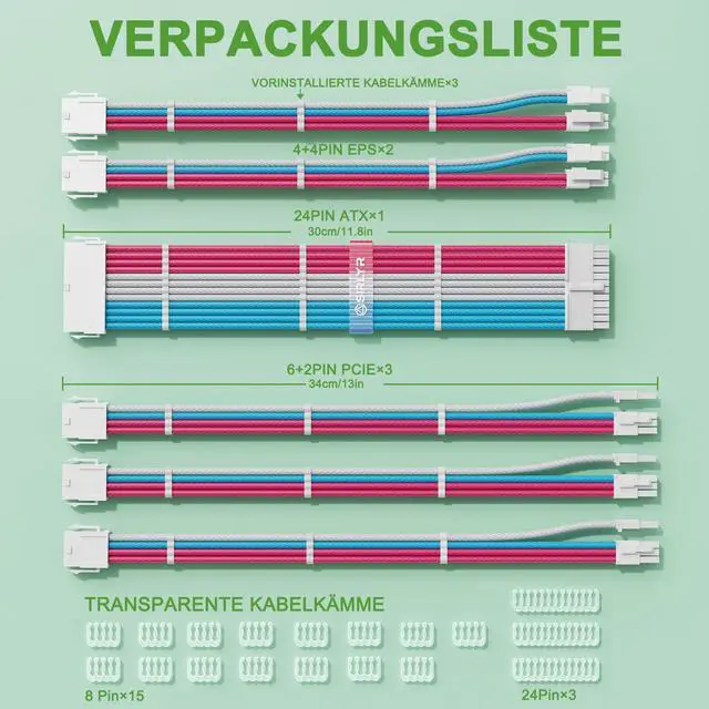 Alt view image 5 of 5 - Sirlyr PSU Cable Extension Kit - 24Pin ATX / 8Pin EPS / 8Pin PCIE Power Supply Cables, 16AWG with Pre-Bent Design & Wire Organizers, Pink/Blue/White (Longer GPU 34cm/13in)