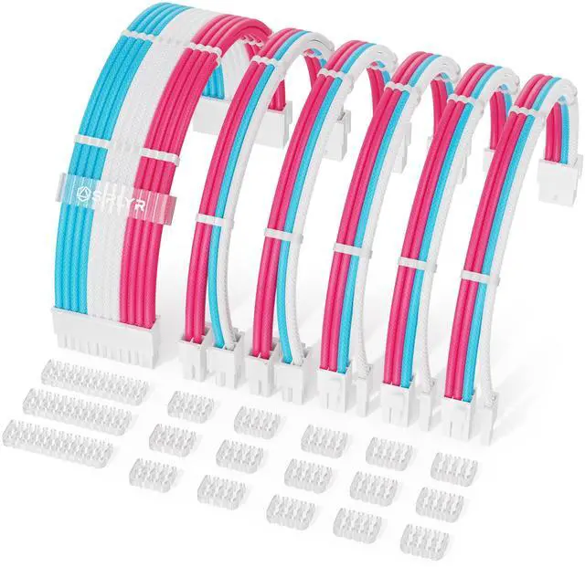 Main image of Sirlyr PSU Cable Extension Kit - 24Pin ATX / 8Pin EPS / 8Pin PCIE Power Supply Cables, 16AWG with Pre-Bent Design & Wire Organizers, Pink/Blue/White (Longer GPU 34cm/13in)