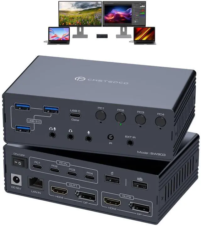 Main image of KVM Switch 2 Monitors 4 Computers Docking Station 4K60Hz for Windows/Mac Thunderbolt KVM with Displaylink Support USB3.0/USB C in DP/HDMI Out Extended/Mirrored Mode for M1 M2 M3 M4