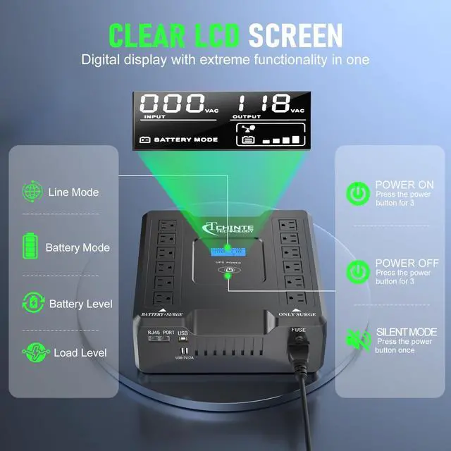 Alt view image 5 of 5 - UPS Battery Backup and Surge Protector, 600VA/360W LiFePO4 Battery Backup Power Supply with AVR, 12 Outlets, USB 5V2A, LCD Display, Generator Compatible CHINTE