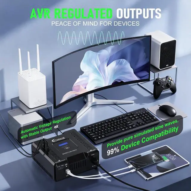 Alt view image 4 of 5 - UPS Battery Backup and Surge Protector, 600VA/360W LiFePO4 Battery Backup Power Supply with AVR, 12 Outlets, USB 5V2A, LCD Display, Generator Compatible CHINTE