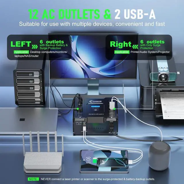 Alt view image 3 of 5 - UPS Battery Backup and Surge Protector, 600VA/360W LiFePO4 Battery Backup Power Supply with AVR, 12 Outlets, USB 5V2A, LCD Display, Generator Compatible CHINTE