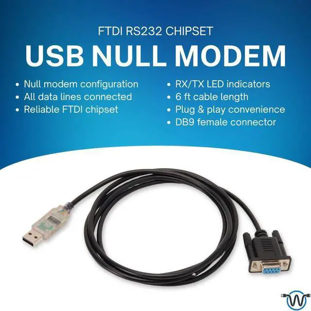 Alt view image 2 of 4 - Wirenest USB to RS232 Null Modem Cable  6ft | DB9 Female | FTDI Chipset | RX/TX LEDs | Molded Connectors | All Data Lines Connected