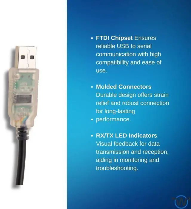 Alt view image 3 of 4 - Wirenest USB to RS232 Null Modem Cable  6ft | DB9 Female | FTDI Chipset | RX/TX LEDs | Molded Connectors | All Data Lines Connected